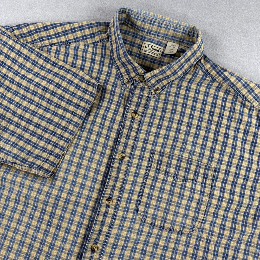LL Bean Button Down Shirt Men 2XLT Blue Tan Plaid Cotton Short Sleeve Casual Y2K